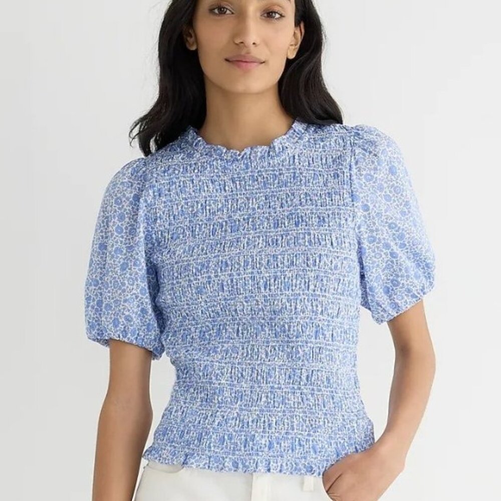 J. Crew Liberty Fabrics Puff Sleeve Smocked Top in D'Anjo Coast Size Small